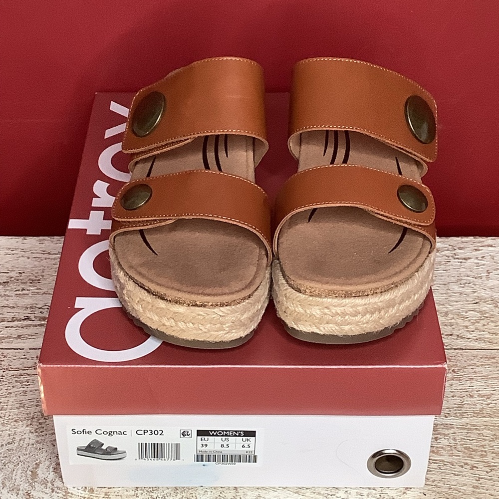 AETREX Sofie Cognac Leather Platform Sandals Jute Trim Arch Support Memo… - Picture 4 of 16